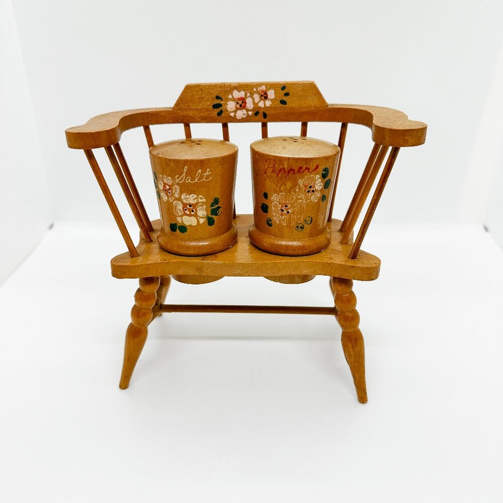 SOLD Vtg 70s Wooden Bench Salt Pepper Shakers MCM Folk Art Floral Kitsch